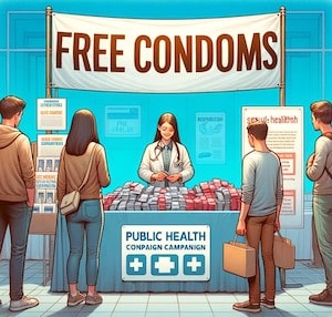 En illustration av personal på en ungdomsmottagning som delar ut gratis kondomer till ungdomar.